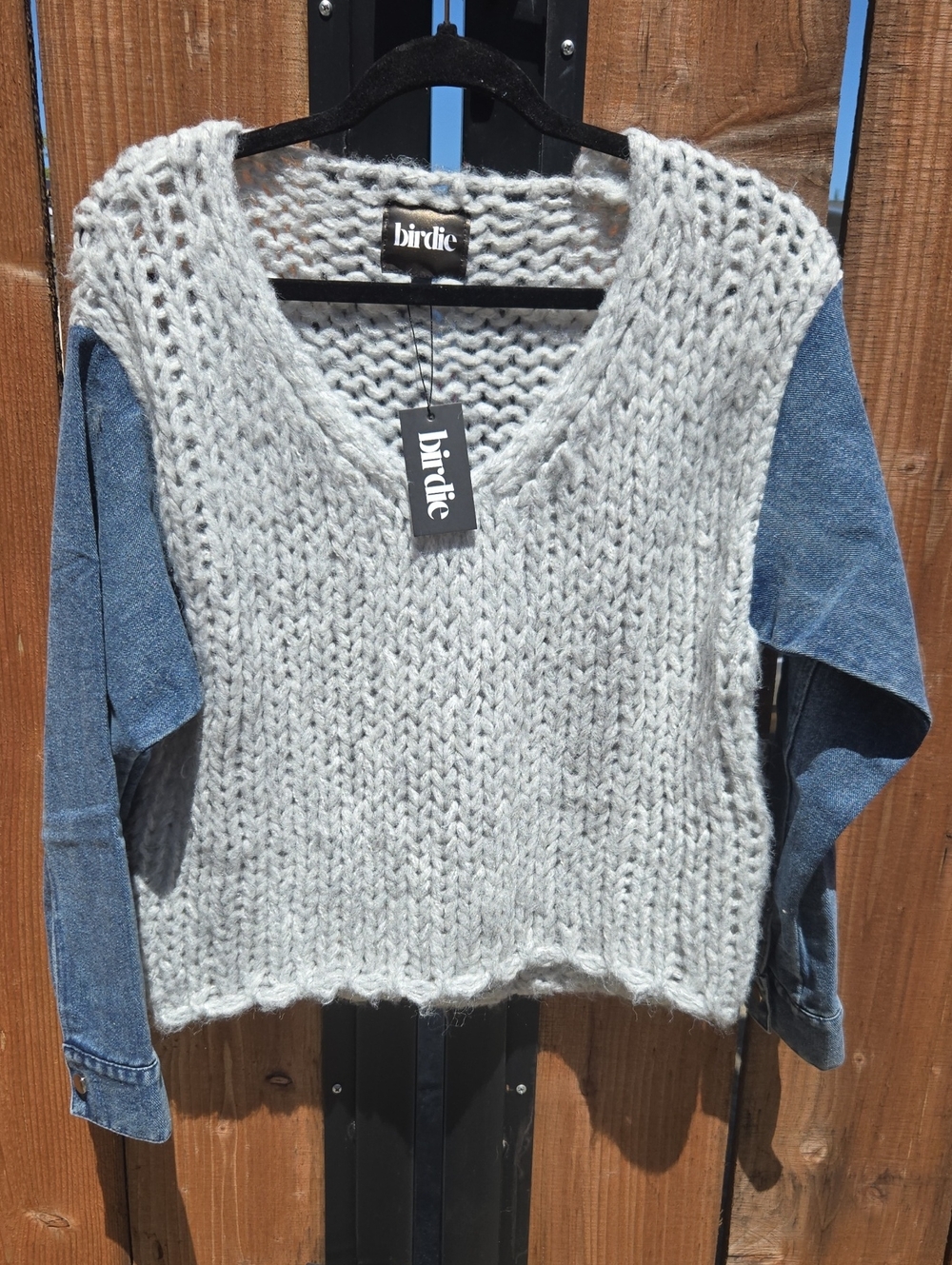Birdie Light Gray Chunky V-Neck Oversized Cropped Sweater With Denim Sleeves S